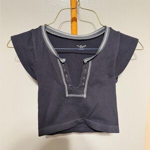 Out From Under Urban Outfitters Black Ribbed Cap-Sleeve Knit Top with Gray Trim